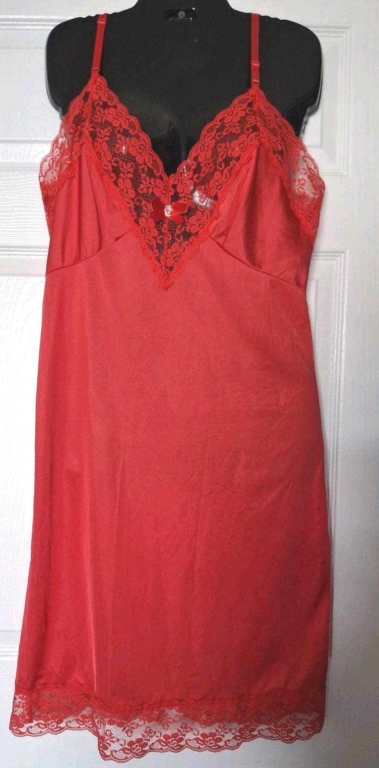 Vtg Lady Ester Slip Dress Sz 36 Red Nylon Lace Trim Sliperfection Lingerie USA