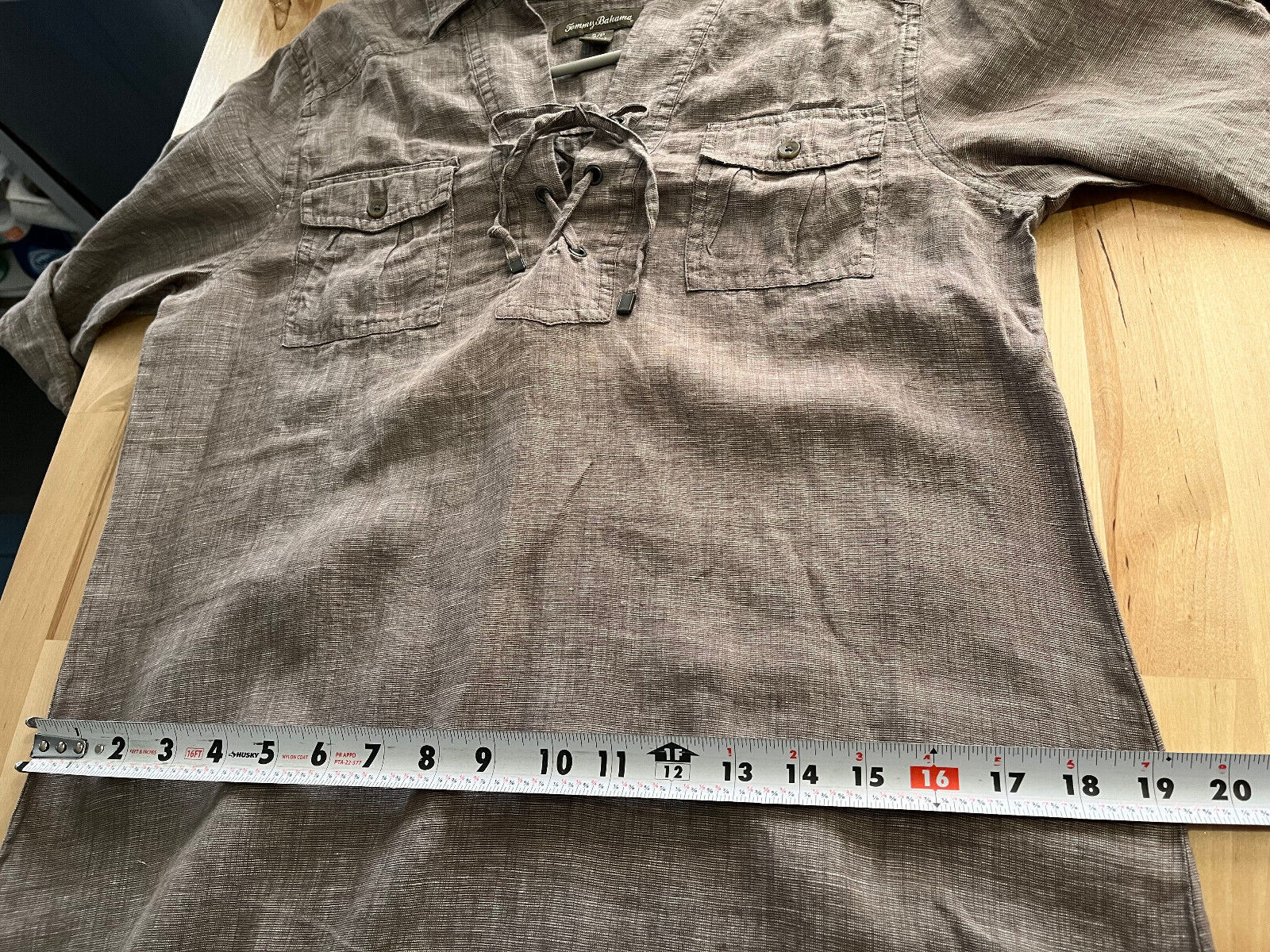 TOMMY BAHAMA Heather Beige Brown 3/4 Sleeve LINEN Dress w/ Lace-up Neck Womens S