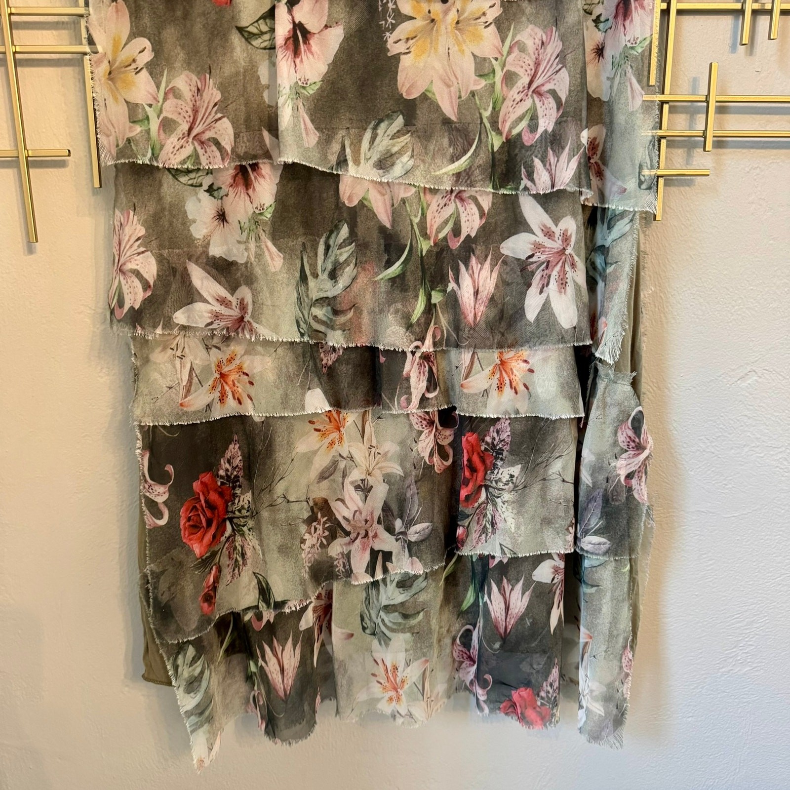 Fleur de Lis XL Tiered Floral Mesh Midi Dress Raw Edge Boho Cottagecore