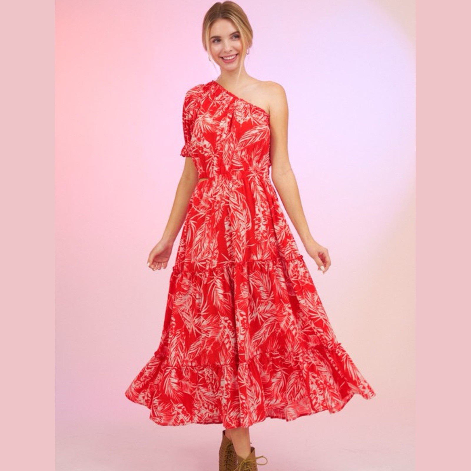 L Love – One-Shoulder Red Tropical Print Maxi Dress