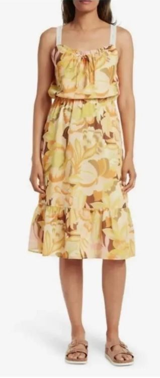 Collective Concepts Women’s Crochet Strap Tiered Floral Dress in Yellow Multi XL