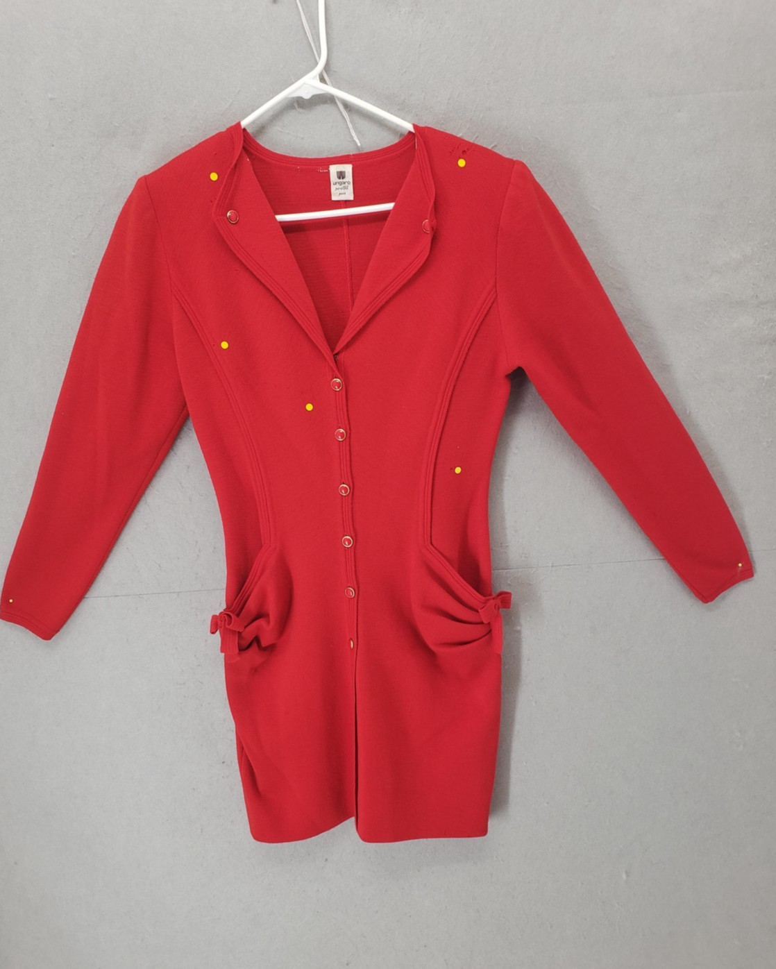 Vintage Ungaro Parallele Sweater Dress Women M Knit Pocket Bow Button Up 80s 90s