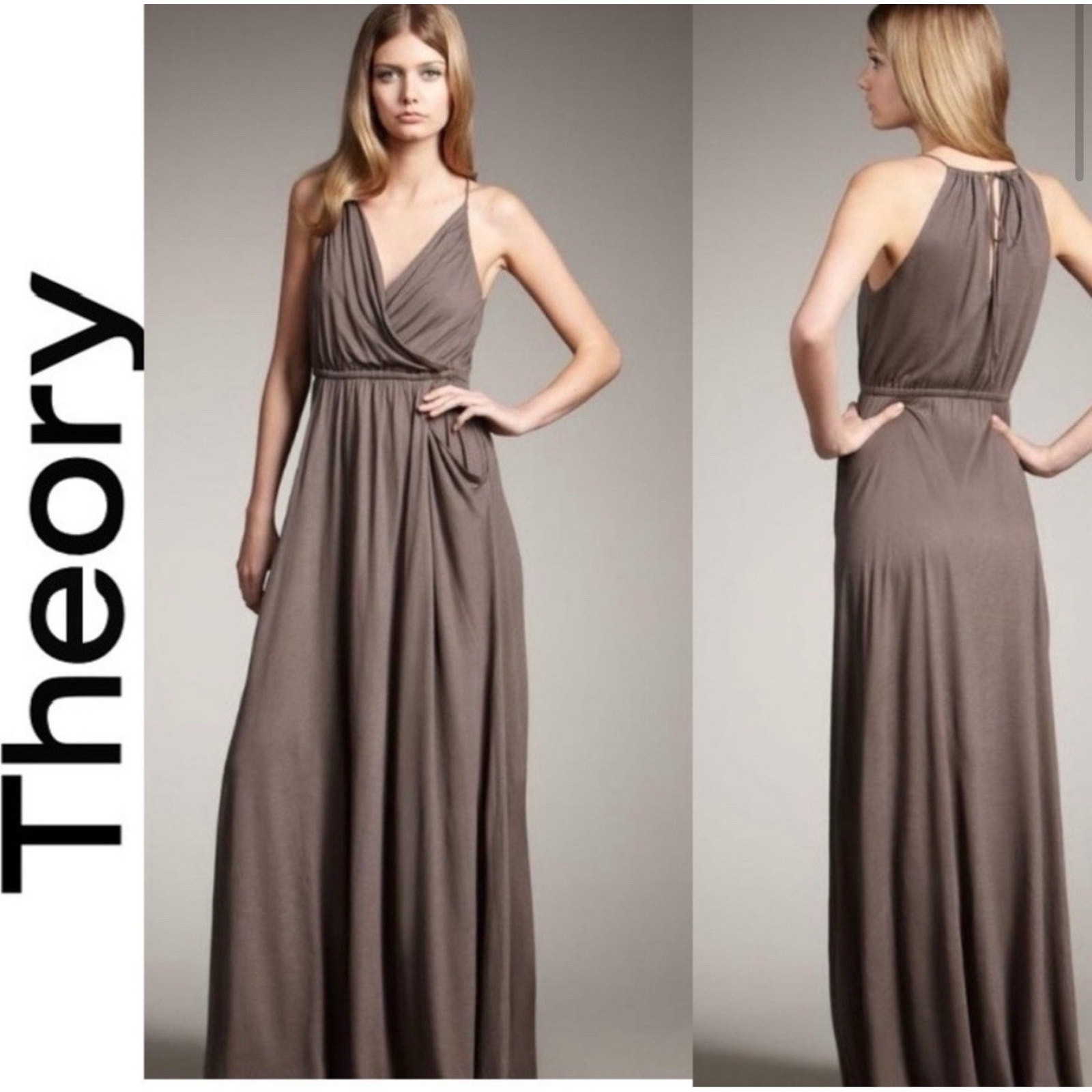Theory Athler Maxi Dress Sundress Tie Back Faux Wrap Pockets Jersey Viscose