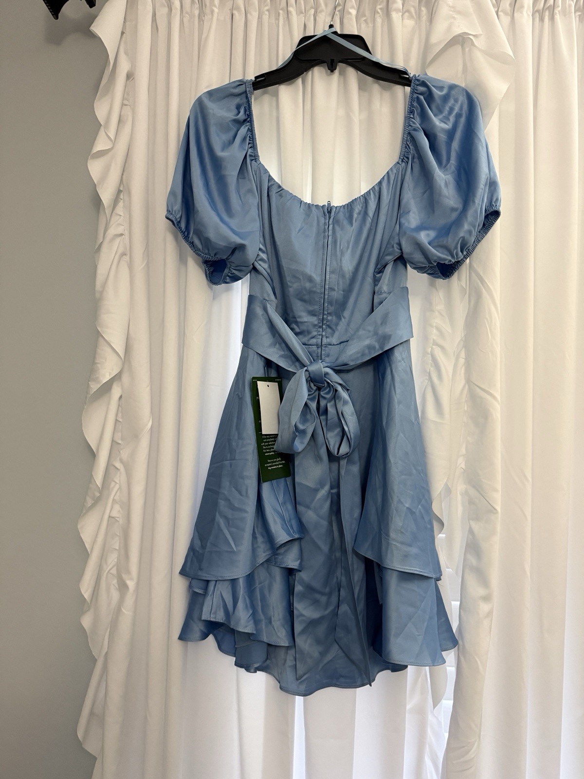 B. Smart Steel Blue Satin Puff Sleeve Tiered Ruffle Mini Dress Regencycore Style