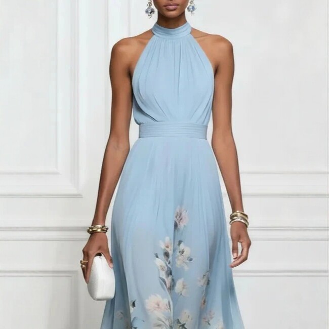 Halter Neck Floral Maxi Dress A-Line Chiffon Formal Wedding Guest Party Gown