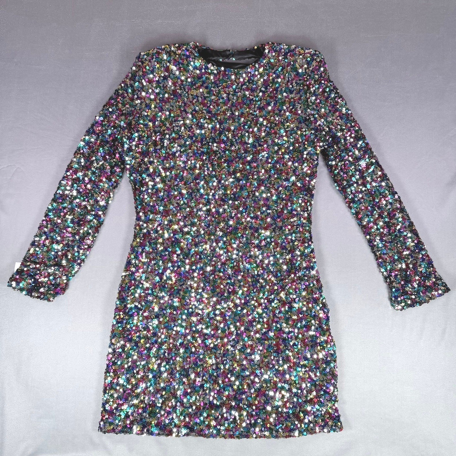 FORE Sequin Mini Dress Womens L Multicolor Open Back Long Sleeve Party Cocktail