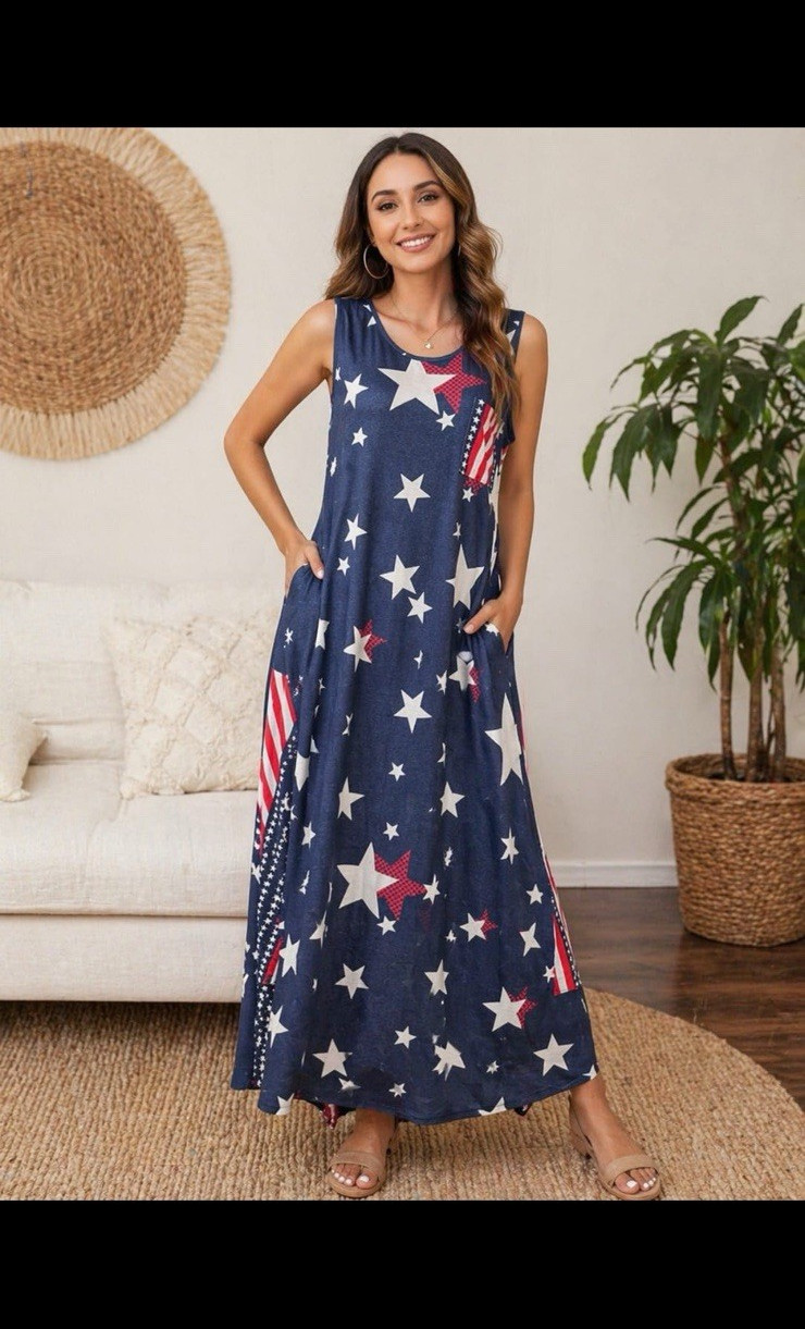 For Gand PL Size L Sleeveless Maxi Dress USA Flag Stars Blue Red White Pockets
