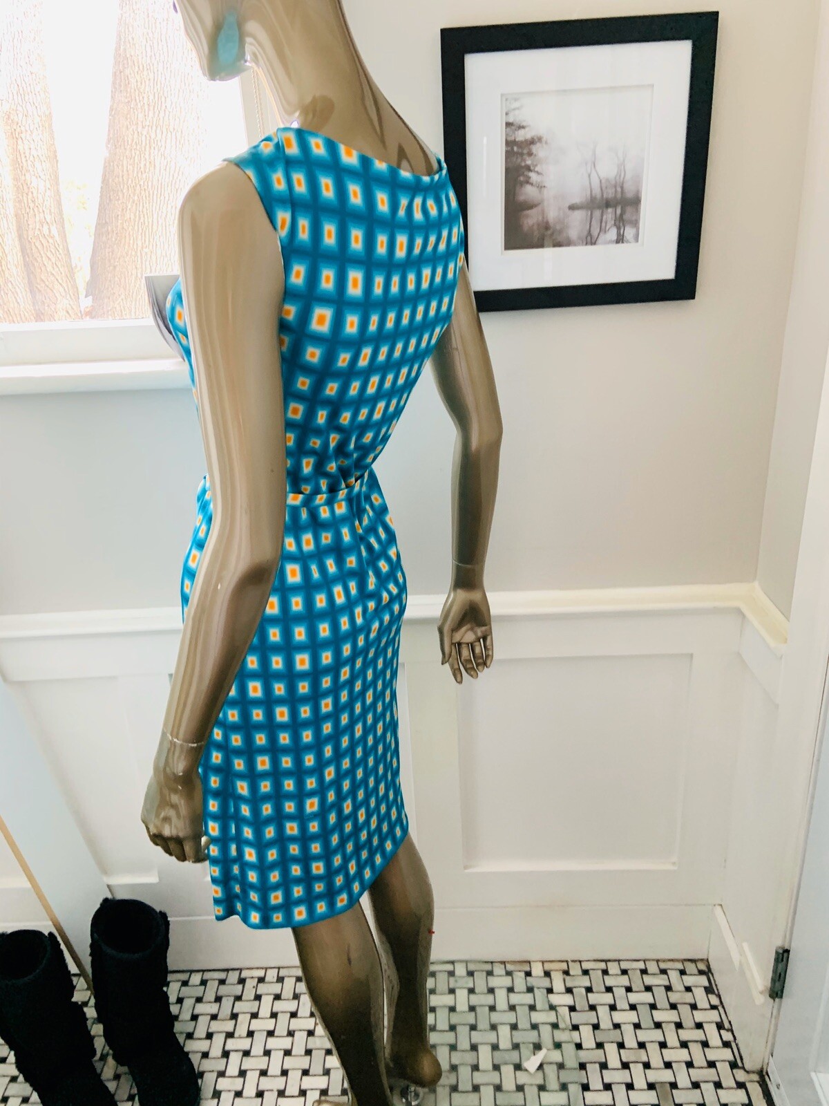 PRADA TURQUOISE YELLOW GEOMETRIC SLEEVELESS SILK DRESS LOGO 40/S CHEST 32 INCHES