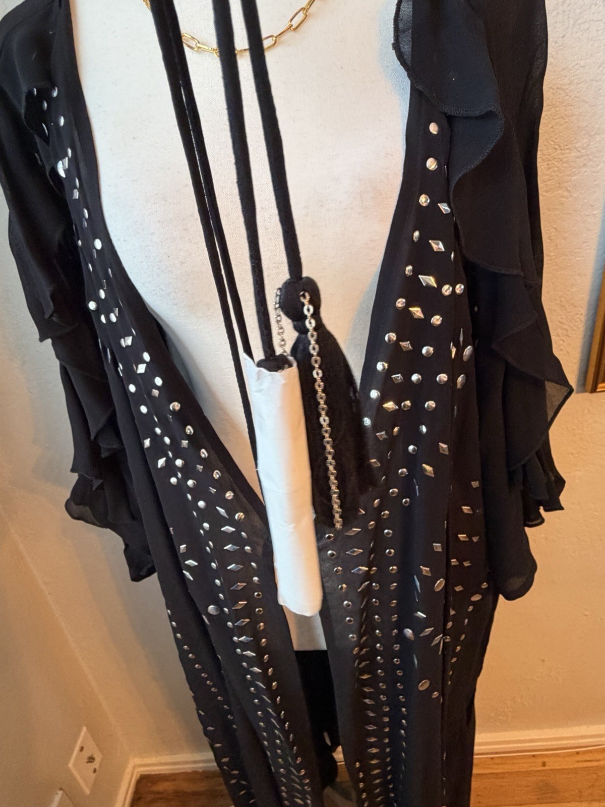 33- Free People Studded Duster Kimono Black NWT Sheer Cardigan Boho Cover Up