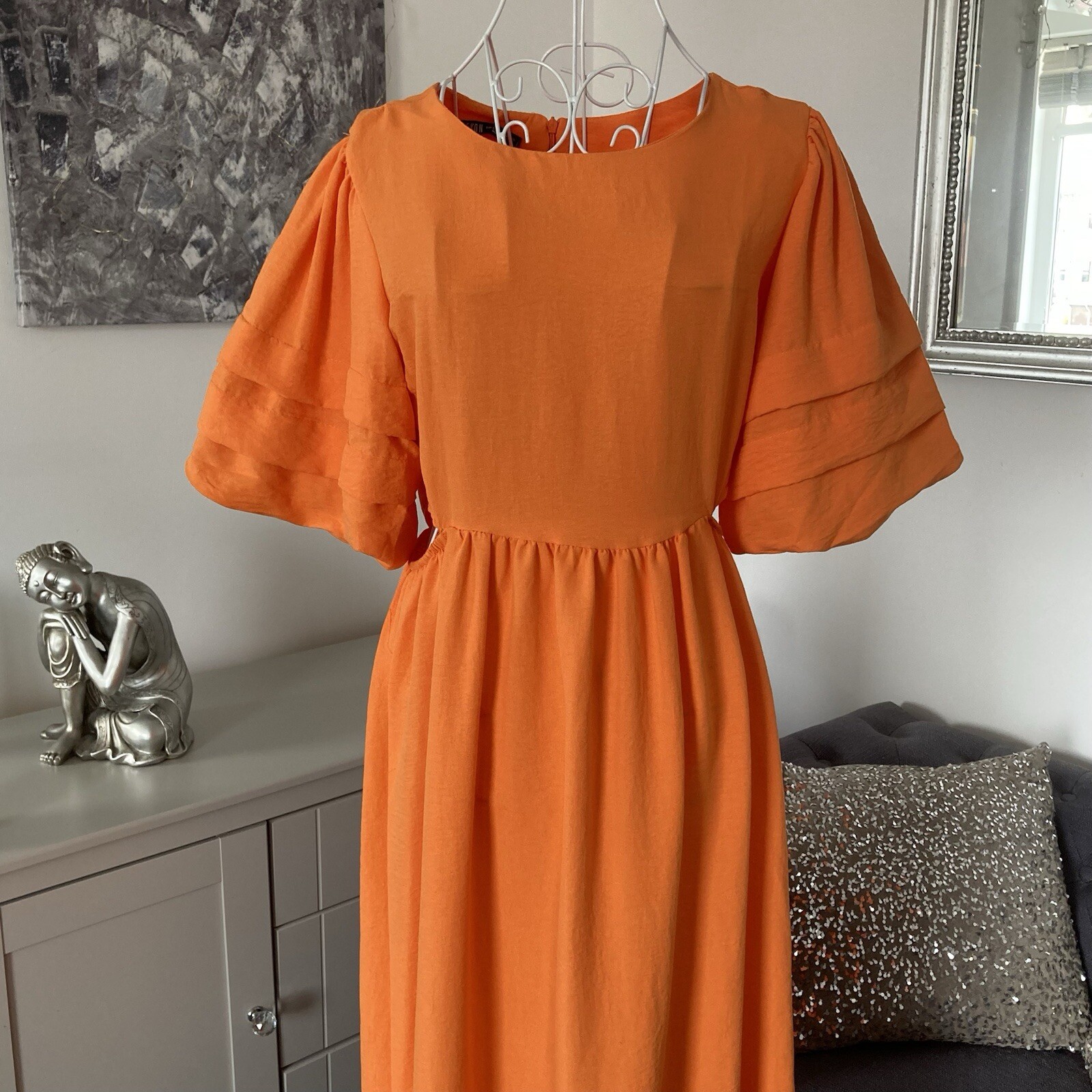 Orange Round Neck Short Puff Sleeves Cut Out Sides Tiered Hem Midi Dress S 8-10