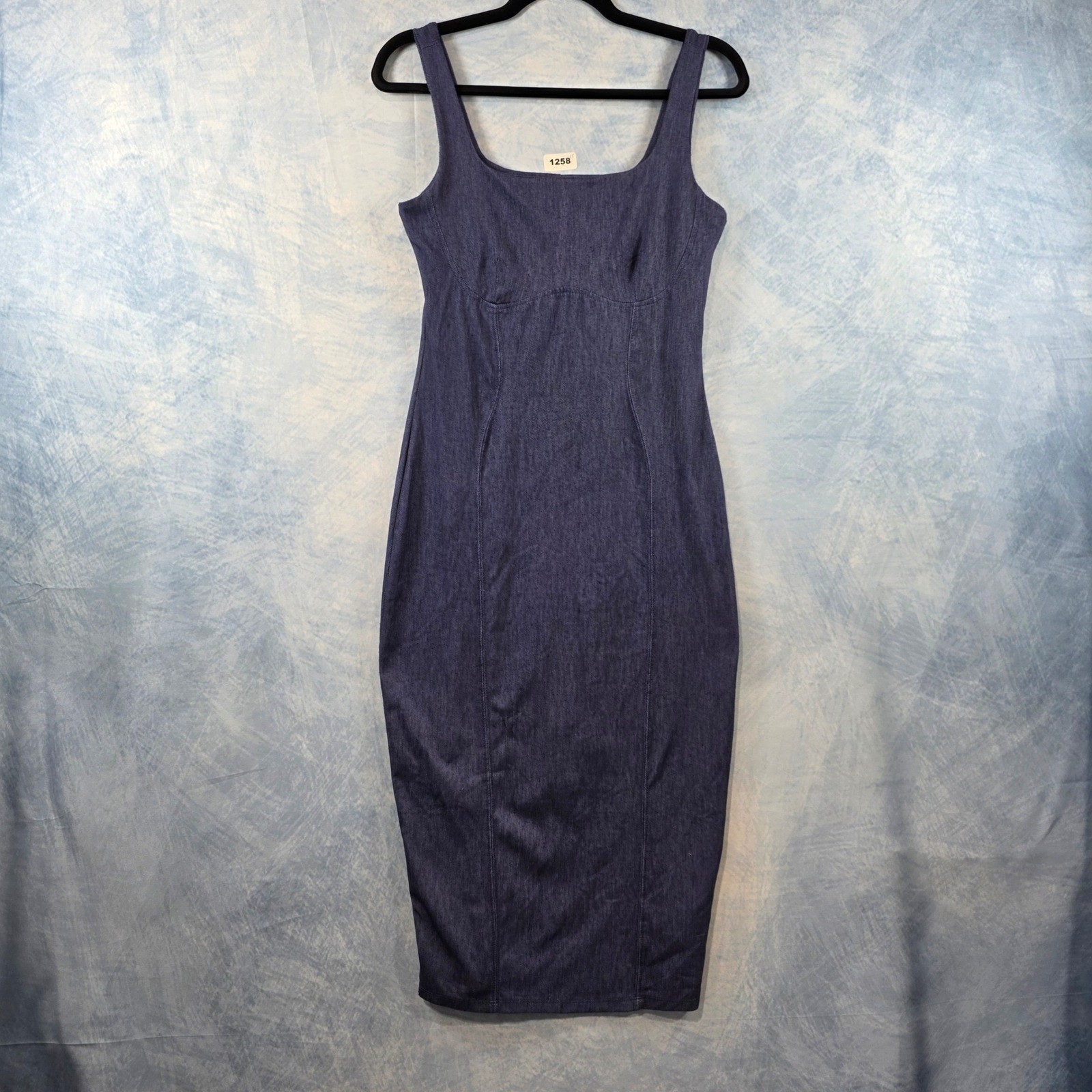 Almost Famous Women Dark Wash Denim Bodycon Midi Dress Square Neck Blue Size M