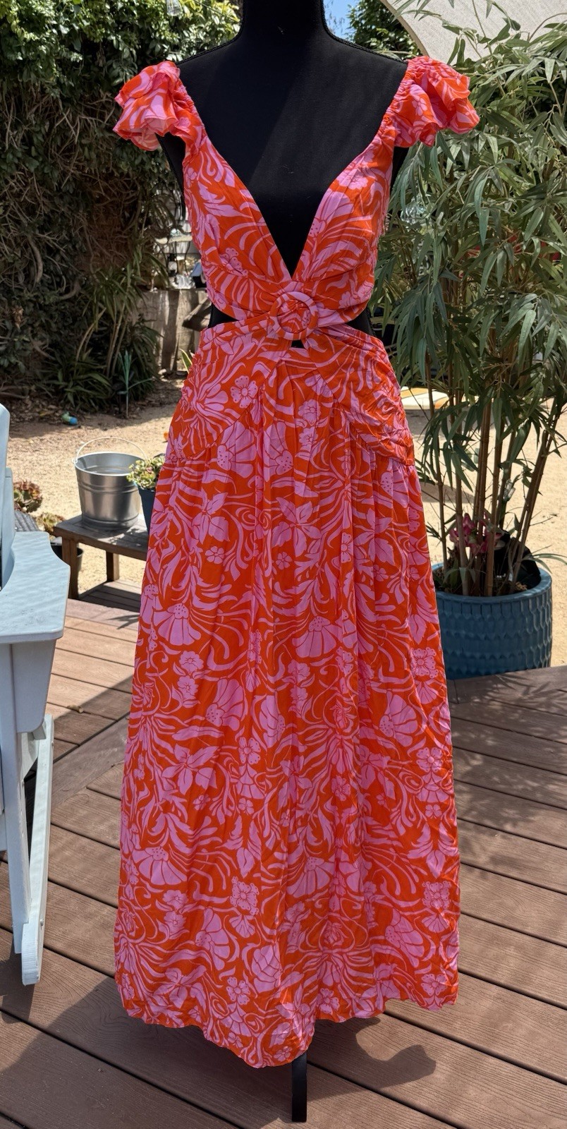 NEW All About May Maxi Dress Peach Pink Ruffle Cut Out Midi Criss Cross Low Cut