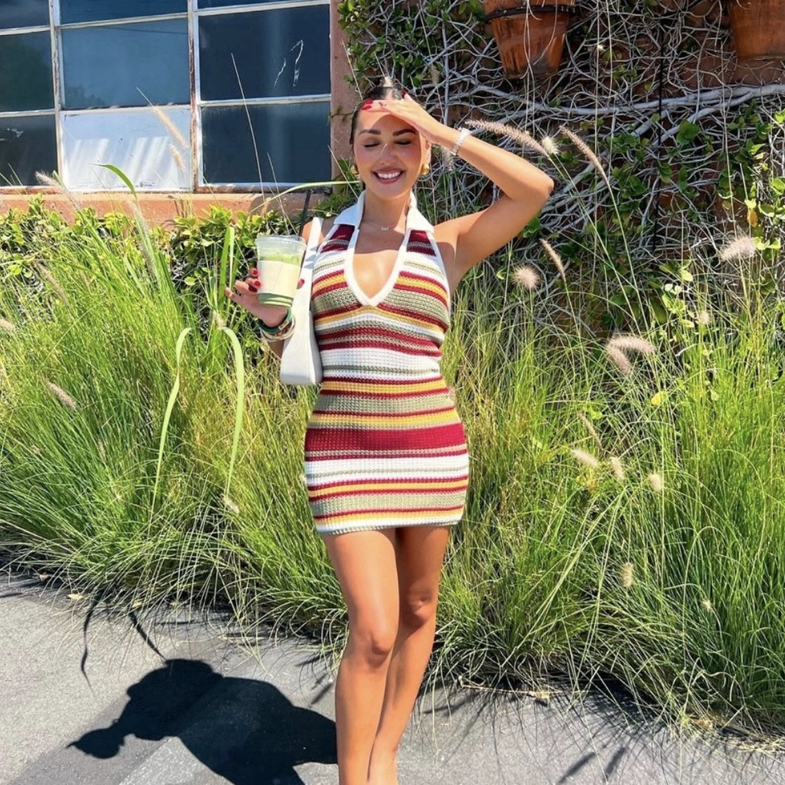 Zara Multicolor Crochet Striped Halter Mini Dress Sleeveless V-Neck Pullover
