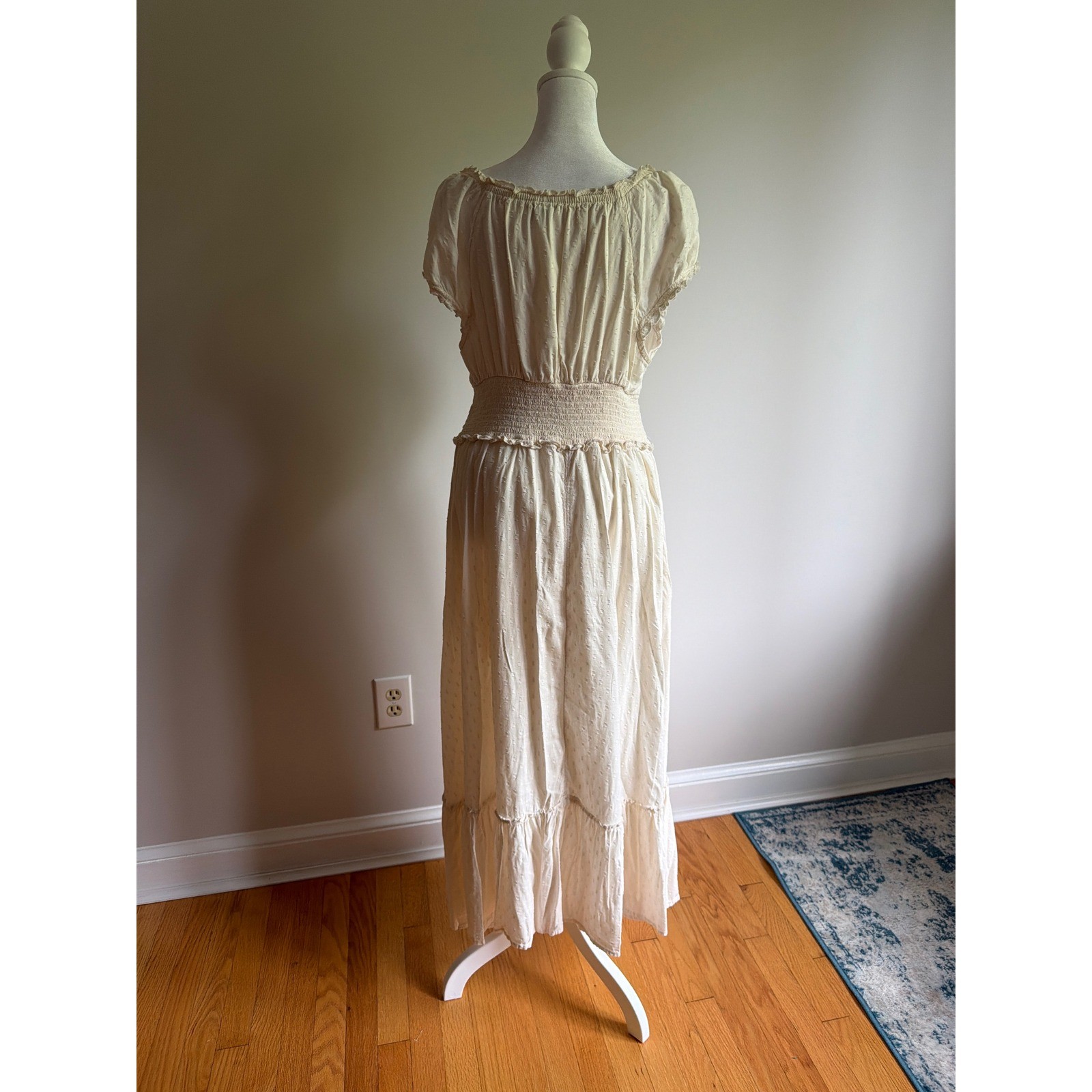 Old Navy Cream Swiss Dot Smocked Waist Peasant Maxi Dress Cottagecore Large