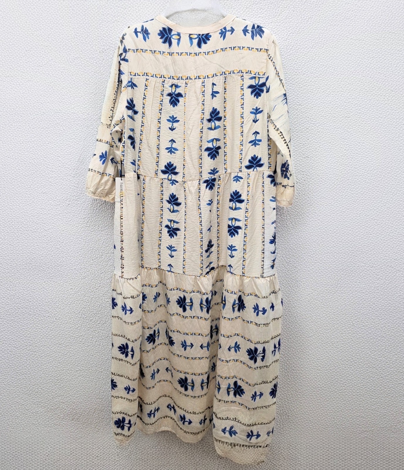 Figueroa & Flower Ivory Blue Floral A-Line Midi Dress V-Neck Puff 3/4 Sleeve XL