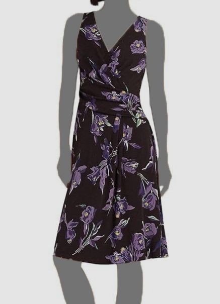 Ralph Lauren Women’s Brown Floral Sleeveless Faux-Wrap A-Line Dress Size 16