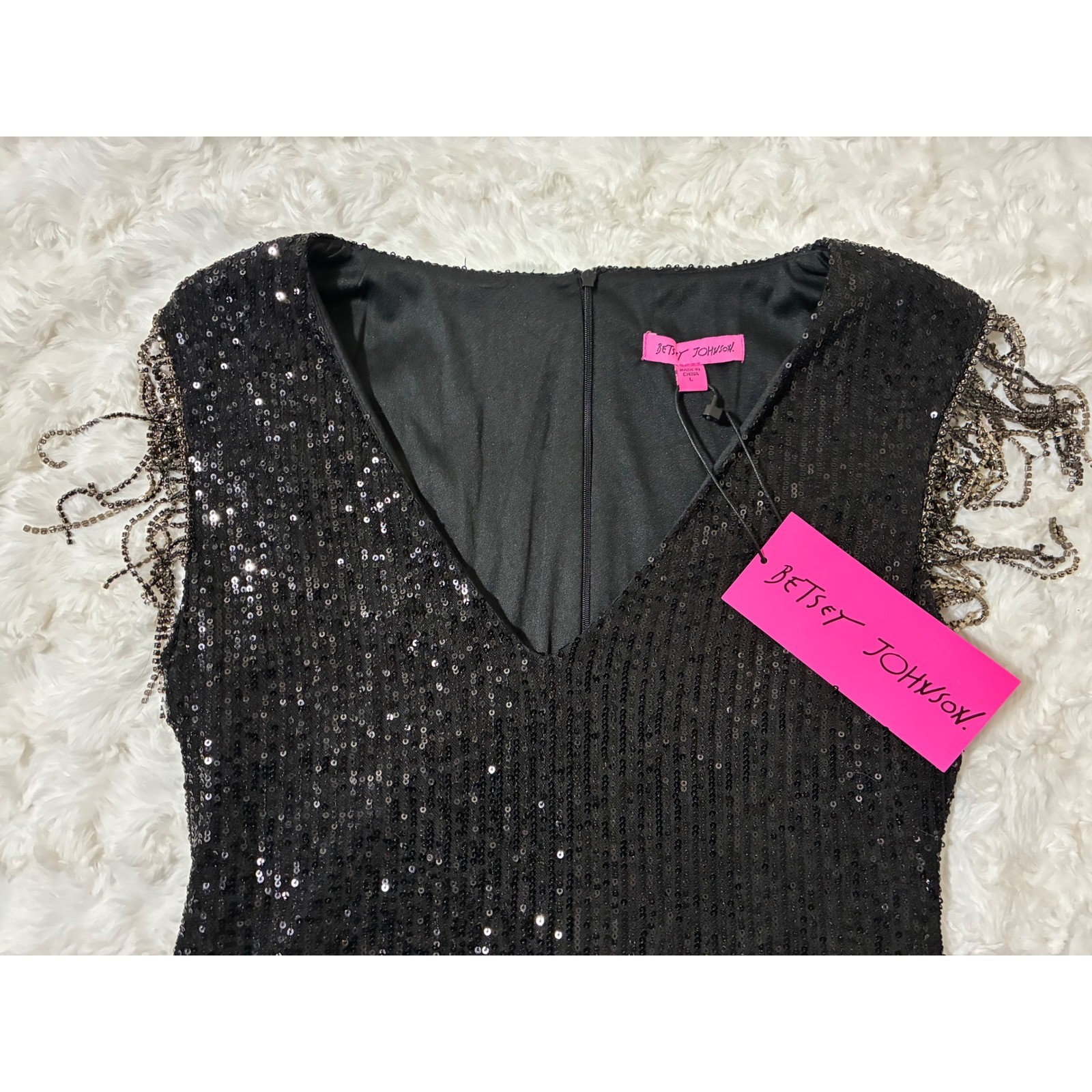 Betsey Johnson Black Sequin Mini Dress Rhinestone Fringe V-Neck JM38216X New