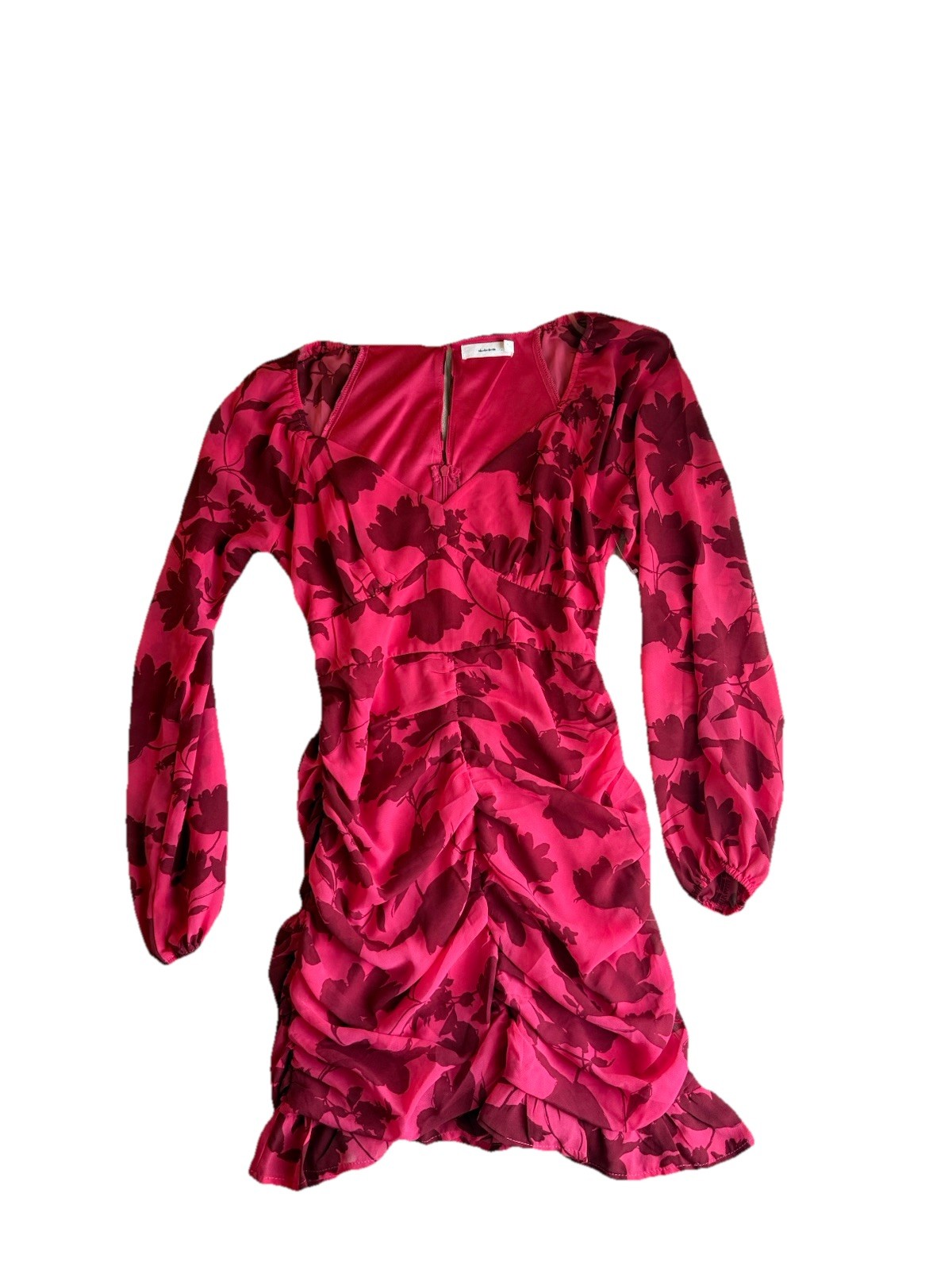Lush Pink Burgundy Floral Chiffon Ruched Mini Dress V-Neck Long Sleeve S