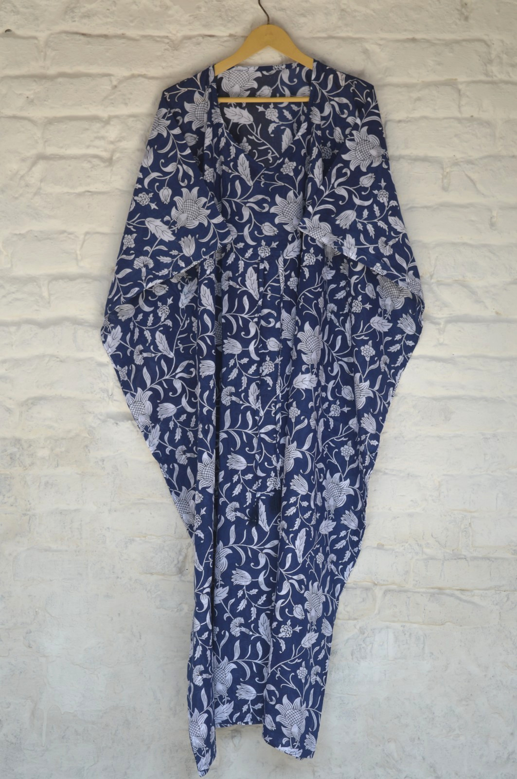 100% Cotton Blue Hand Print Long Kaftan Dress 100% TARRIF FREE✅0% CHARGE KF-16