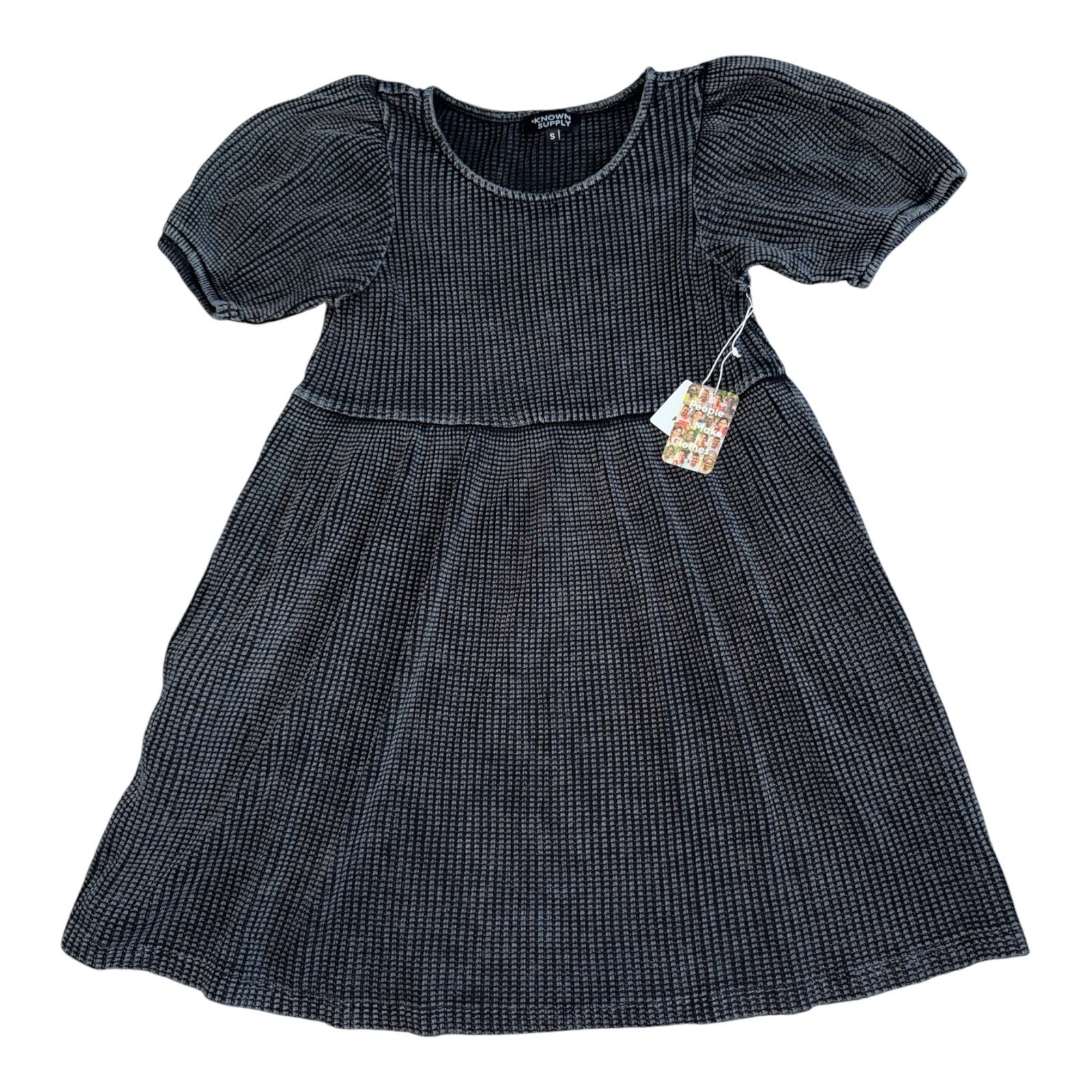Known Supply Women’s Ethel Waffle Knit Dress Washed Black With Pockets Sz S NWT