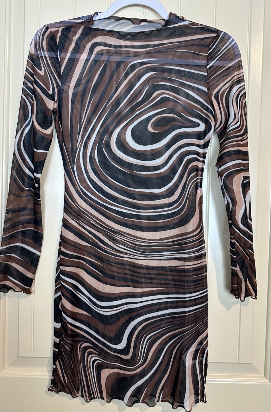 Swirl Marbled Brown sheer Mesh Long Sleeve Mini Dress stretch fitted sz XS