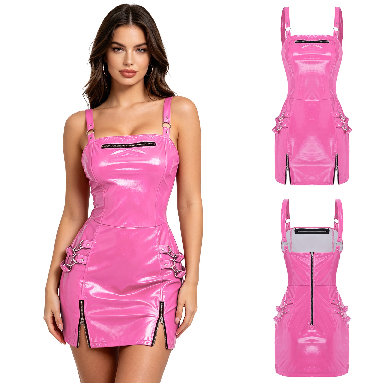 US Womens Glossy PU Leather Gothic Dress Zipper Bodycon Sling Dress Clubwear