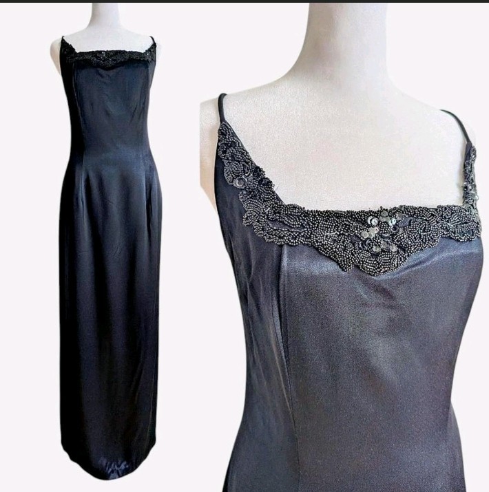 Vintage 90s Elegant Black Satin Sheath Gown With Beaded Bodice Square Neck 12