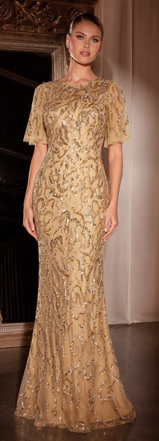 Ashley Lauren Gold Evening Gown Butterfly Sleeve Beaded Open Back Evening sz 6