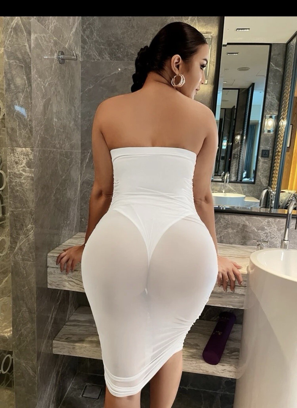 White Strapless Ruched Sheer Mesh Bodycon Knee Length Dress Stretch