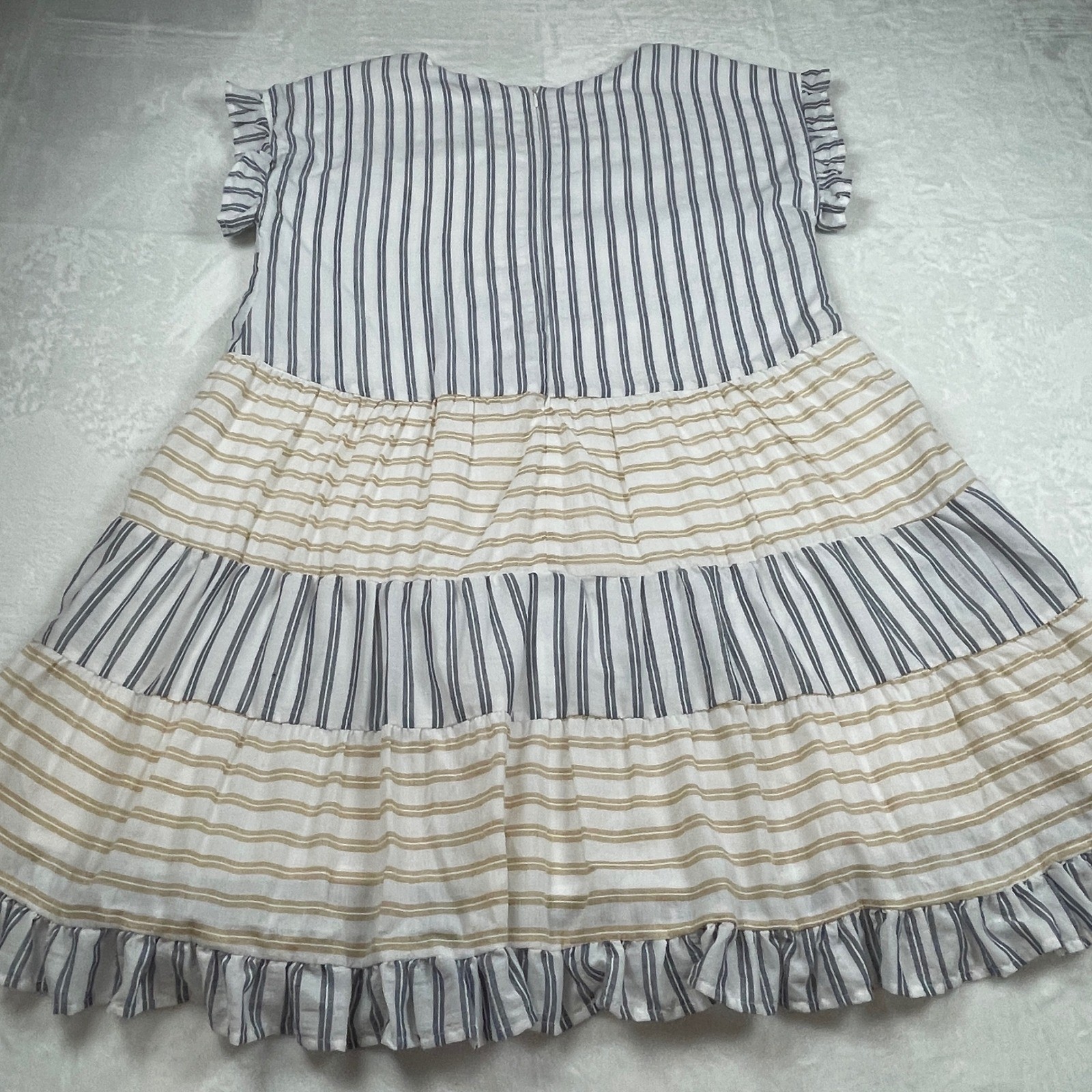 Davi & Dani Womens Striped Tiered Babydoll Dress Blue Tan Ruffle Sleeve Large