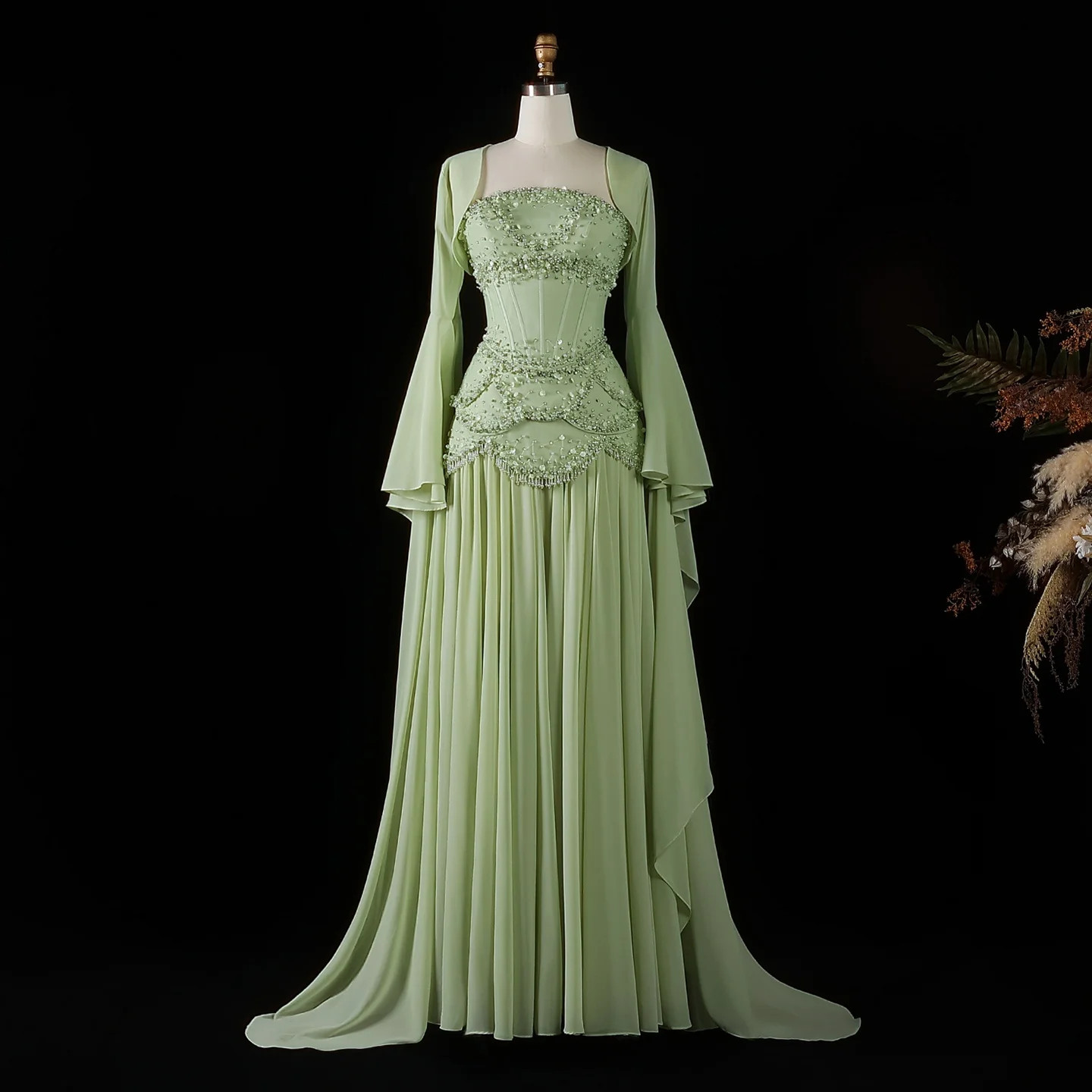 Elegant Sage Green Cape Sleeve Evening Dress Chiffon Tiered Sequined Pearl