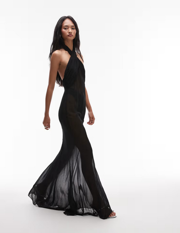 NWT MANGO x SUPRIYA LELE $330 BLACK SHEER CHIFFON HALTER MAXI DRESS SZ S US 4
