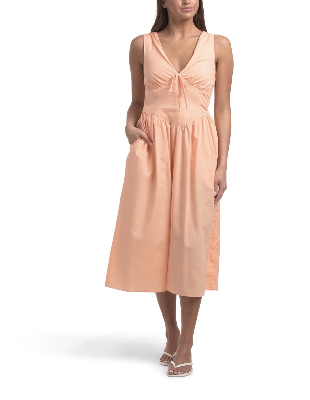 Band of the Free Women’s M Peach Solid Knit Midi Dress V-Neck Sleeveless Smocked