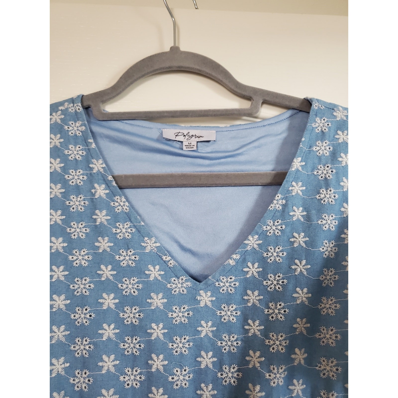 Polagram Cottagecore Blue White Embroidered Floral Shift Mini Dress, Size Medium