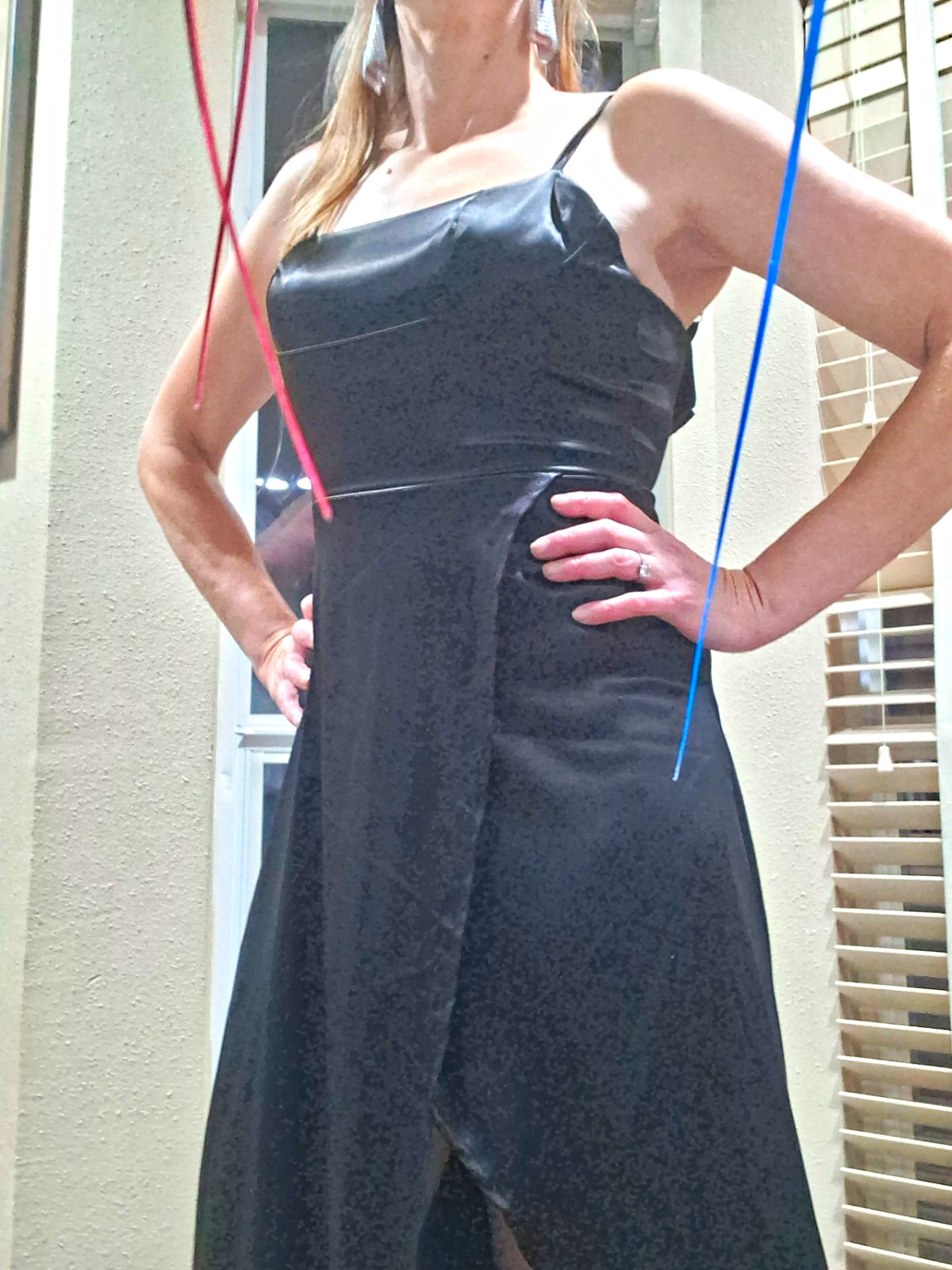 Women’s Black Satin Slip Maxi Dress Size S Square Neck Strappy Side Slit Zip