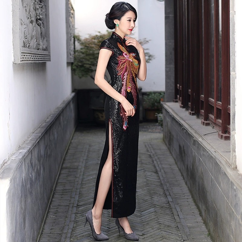 Women Sequined High Split Slim Stage Party Dress Phoenix Embroidered Cheongsam