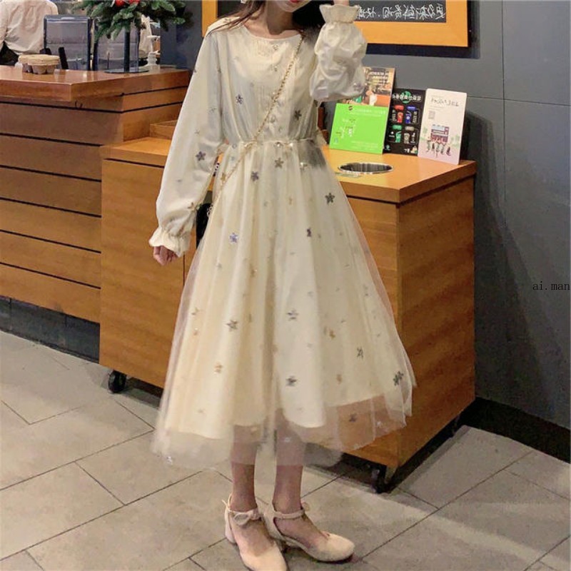 Lady Midi Mesh Dress Sheer Star Glitter Ruffle Long Sleeve Elastic Waist A-line