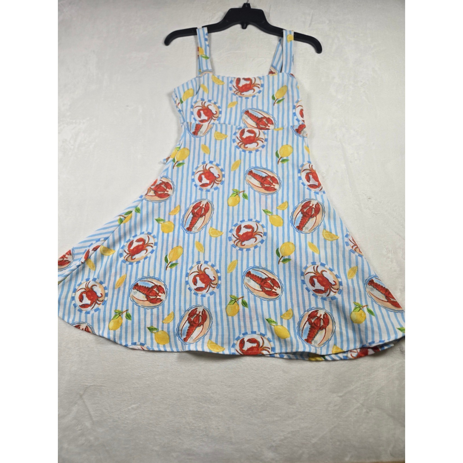 Blue White Stripe Lobster Crab Lemon Tie Back Sundress Coastal Resortwear Small