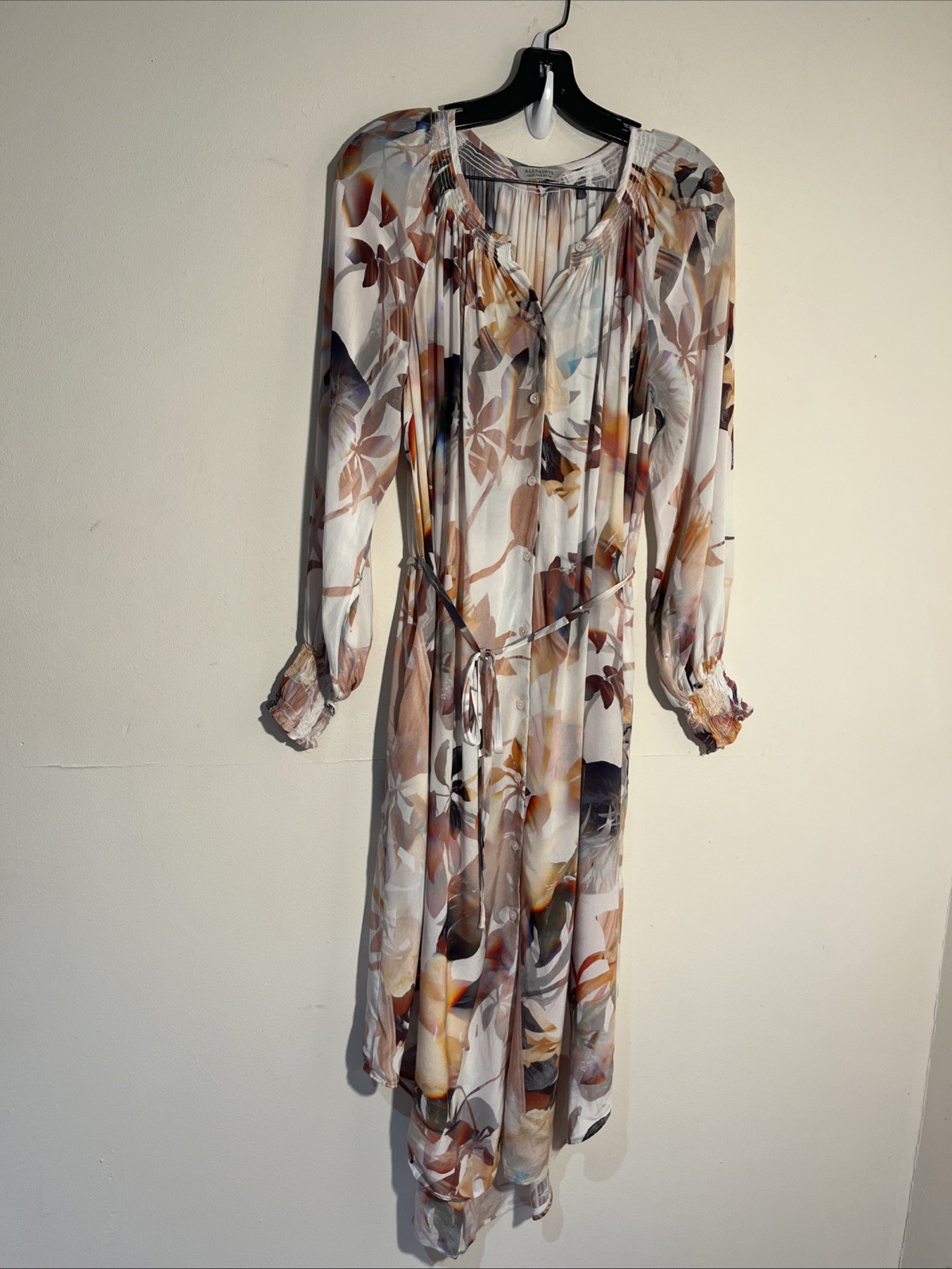 allsaints 6 Bold Floral Logo Asymmetrical Button Down Quiet Luxury Dress