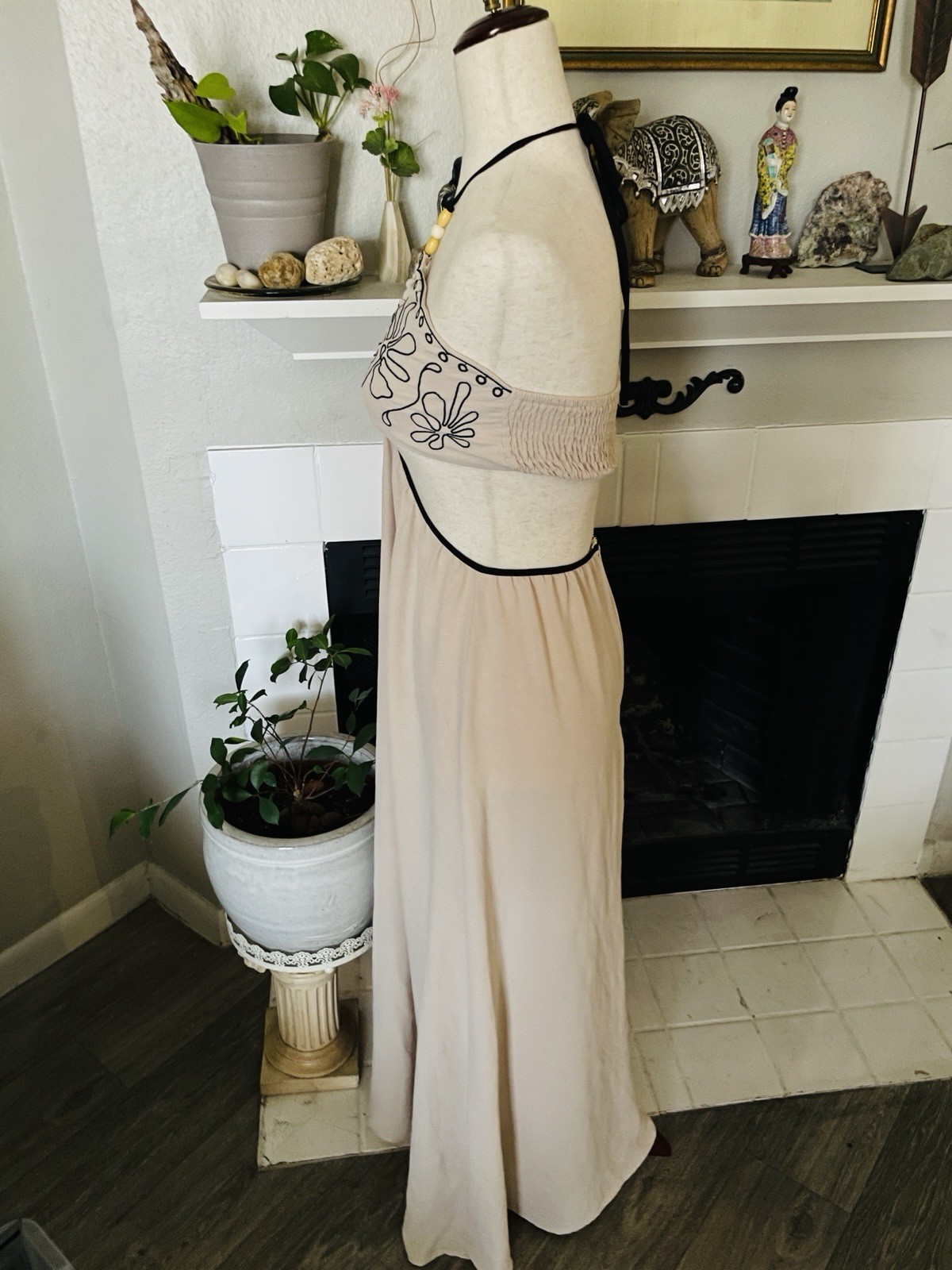 Halter Maxi Dress Open Back Zipper Cutout Beaded S Boho Beach Silholette Sexy
