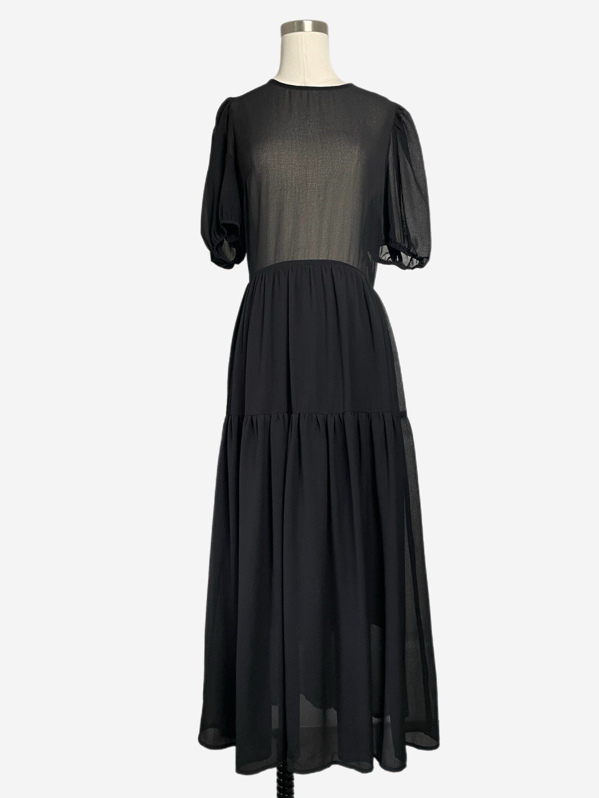 Never Fully Dressed Black Abigail midi dress puff sleeve sheer tiered textured 4