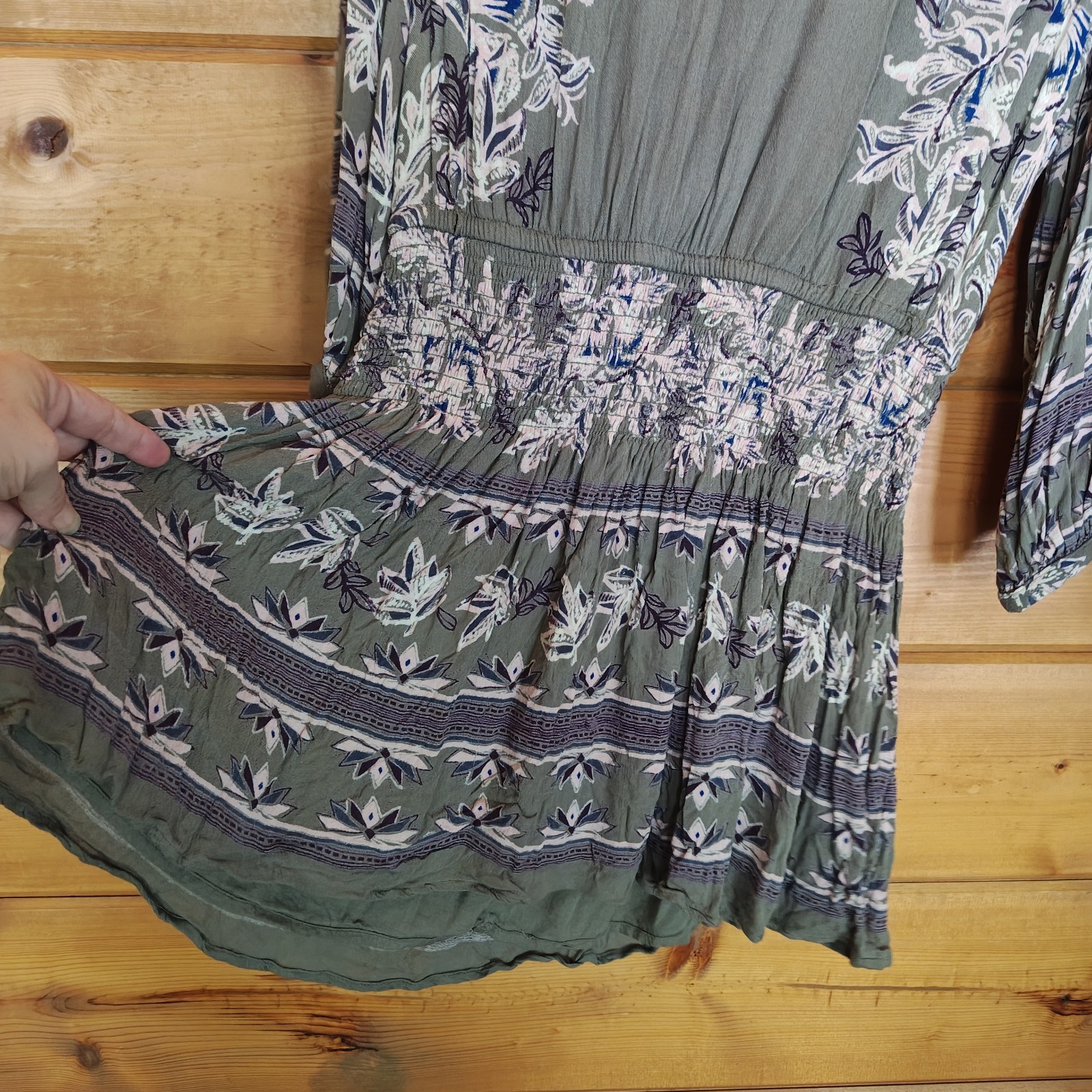 Free People Moonlight Drive Olive Mini Dress Floral Damask Boho Shirred Size XS
