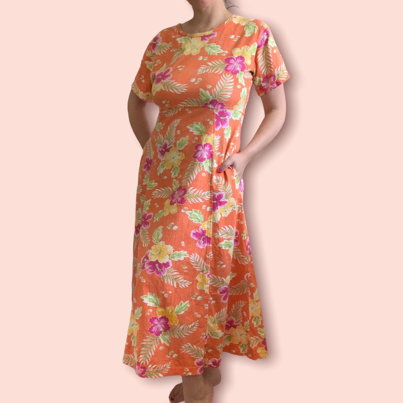 Vintage 1990s Capacity Knits Orange Tropical Floral Maxi Dress Size Medium