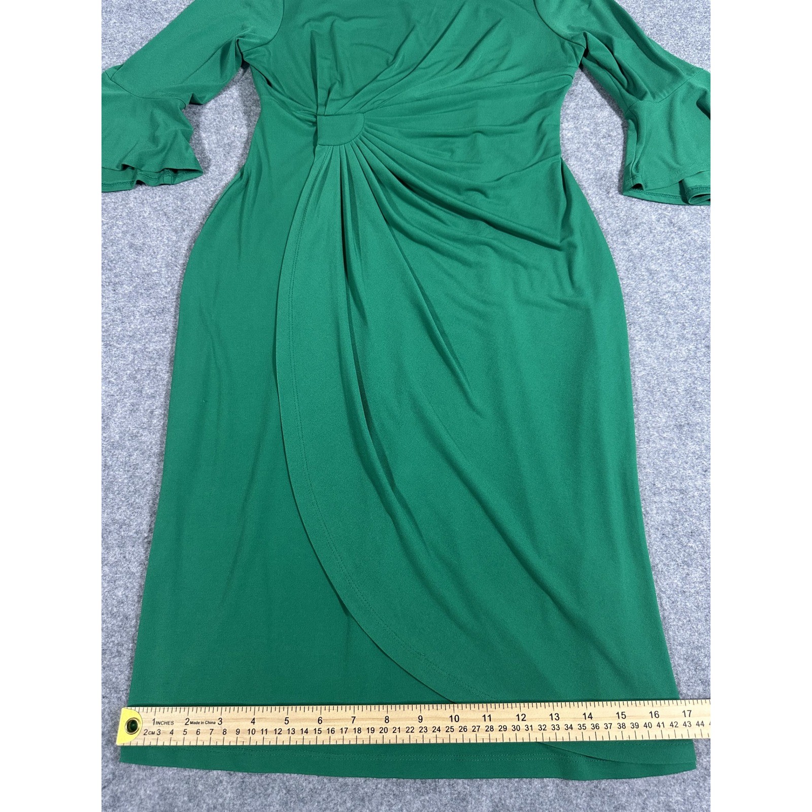 Connected Apparel Faux Wrap Sheath Dress 8 Green Bell Sleeve Gathered Sunburst