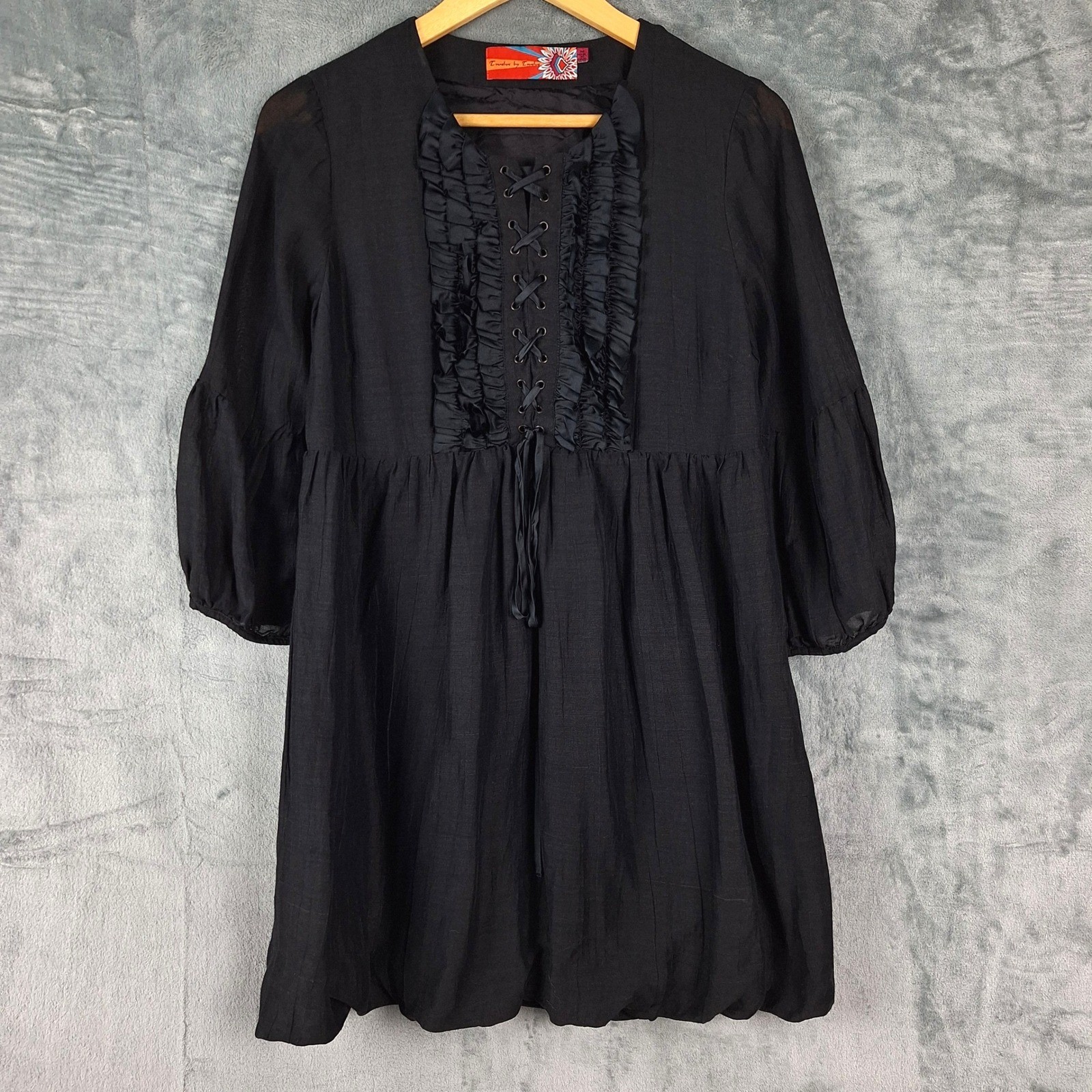 Womens Dress Medium Linen Whimsigoth Lace Up Ruffle Babydoll Fairy Bubble Hem