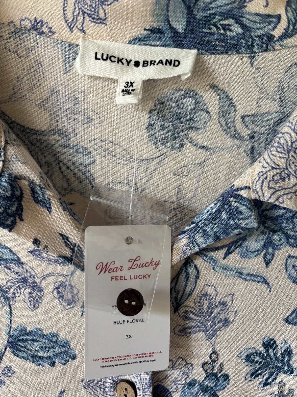 Lucky Brand Women Tie Front Floral Midi Dress Cream/Blue Print Cap Sleeve 3X