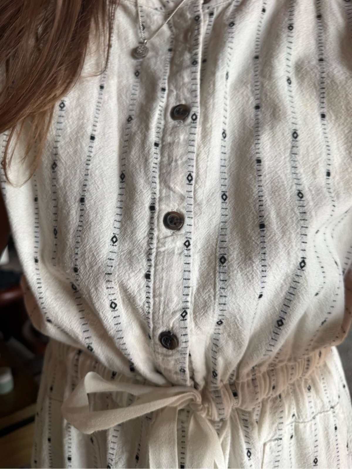 Casual Button-Front White Stripe Midi Dress with Tie Waist