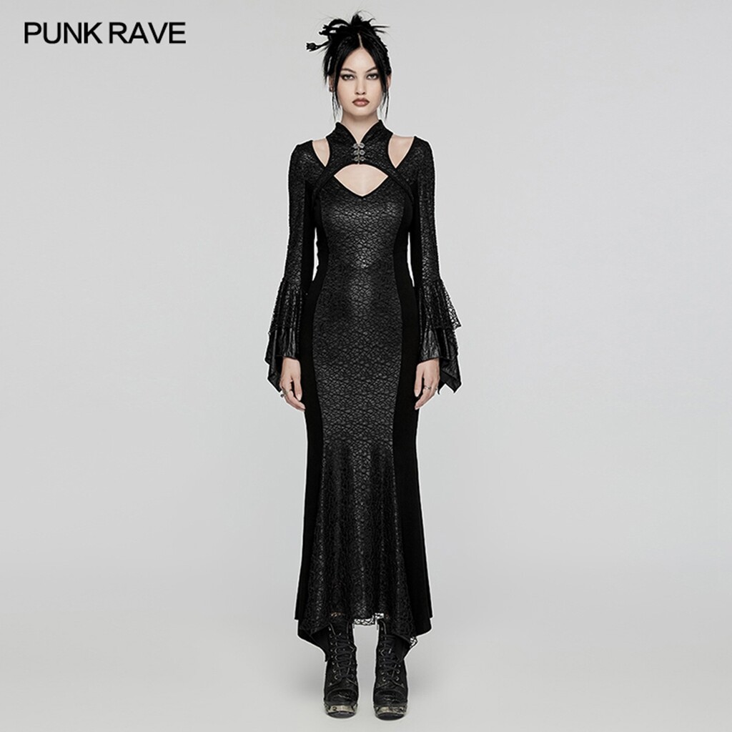 Punk Rave Women Gothic Retro Mesh Irregular Flared Sleeve Long Fishtail Dress