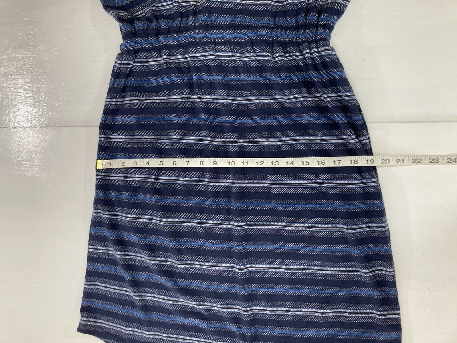 Eddie Bauer Dress Womens M Blue Stripe V Neck Cap Sleeve Pockets Cotton