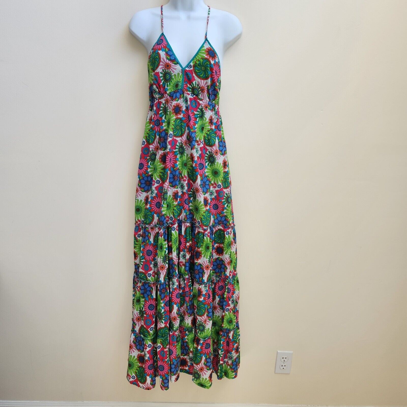 Perry Walker Dress Women’s S/M Green Floral Halter Maxi Tiered Boho Cottagecore